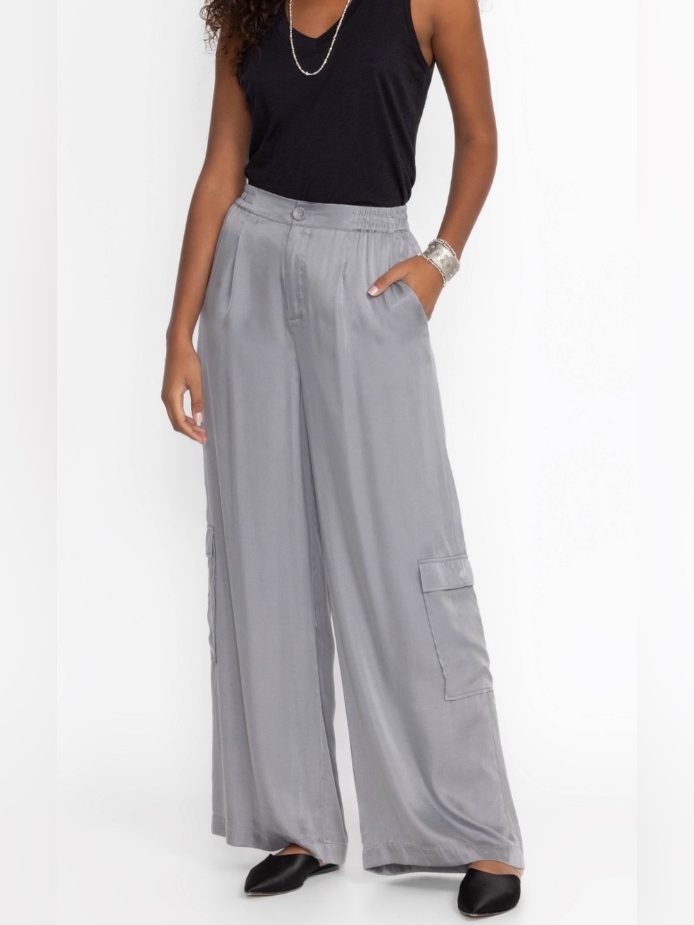 CALME Johnny Was Cupra Pleated Wide Leg Cargo Pull-On Satin Pants Size L $270